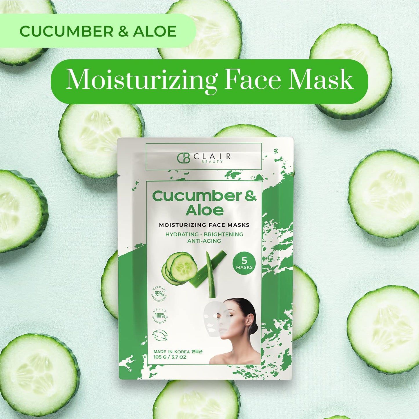 Mascarilla facial de hoja de pepino y aloe, alivia la piel irritada, reduce las arrugas y las líneas finas, ilumina e hidrata, cuidado de la piel coreano sin crueldad animal para todo