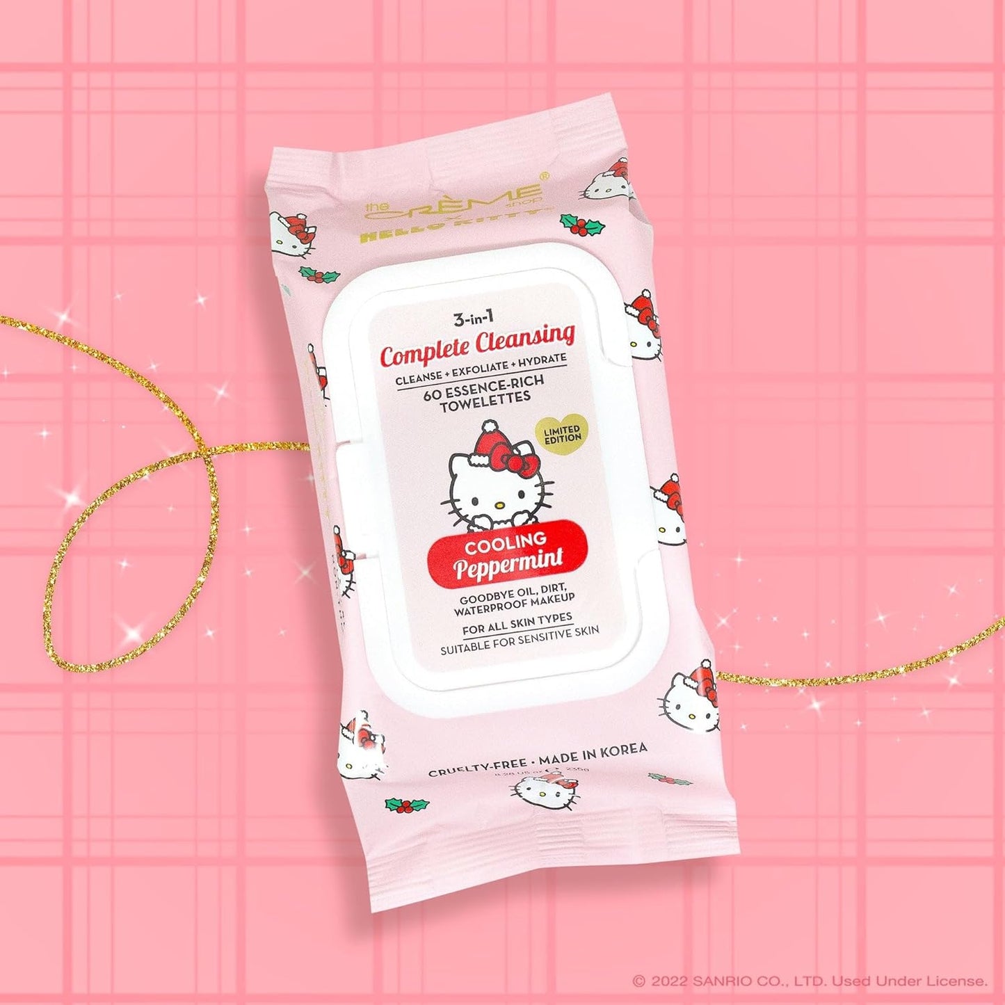 The Crème Shop Toallas 3 en 1 de Hello Kitty: Menta refrescante, limpia, exfolia, hidrata toallitas para rostro y cuerpo - Todo tipo de piel - Refrescante con menta y alantoína