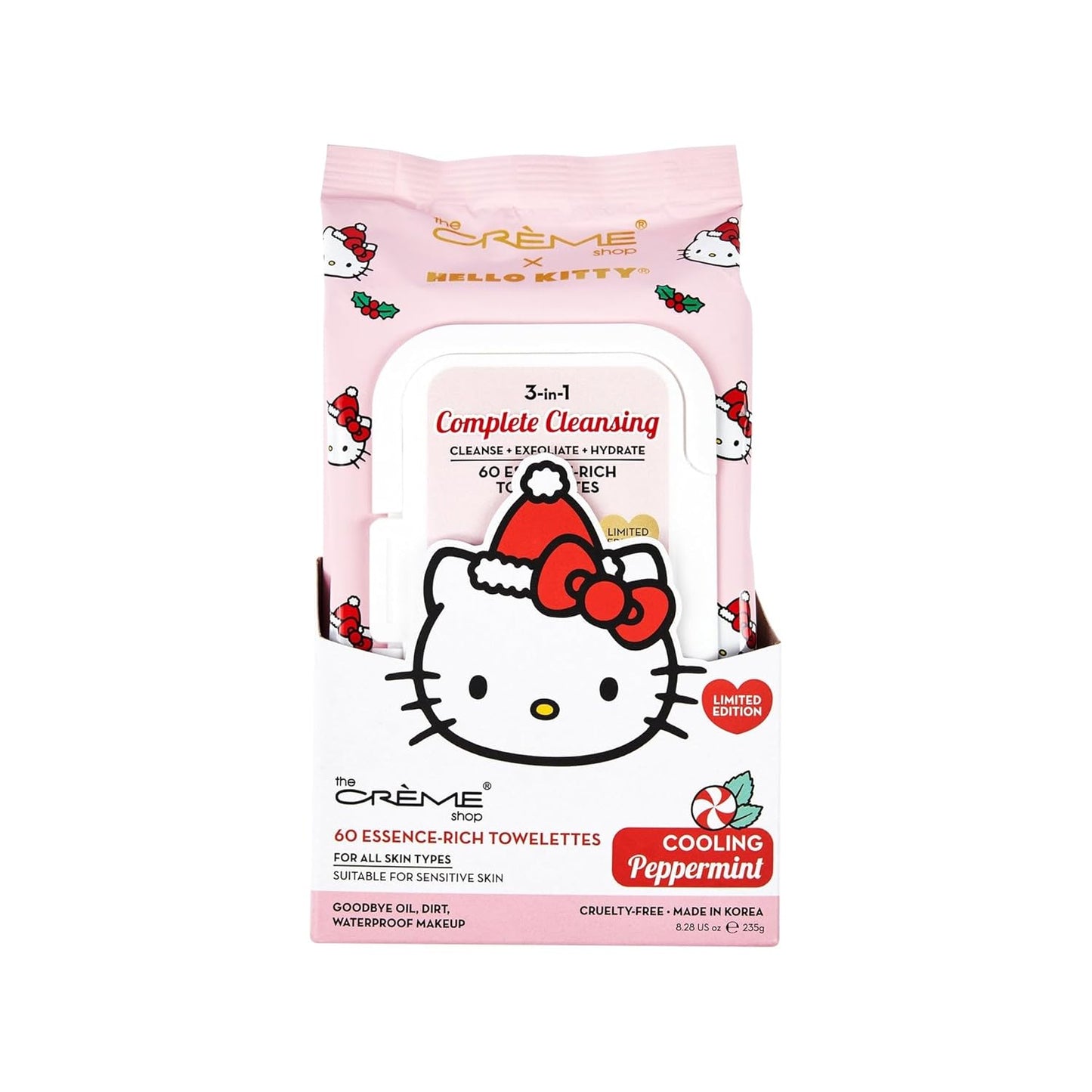 The Crème Shop Toallas 3 en 1 de Hello Kitty: Menta refrescante, limpia, exfolia, hidrata toallitas para rostro y cuerpo - Todo tipo de piel - Refrescante con menta y alantoína