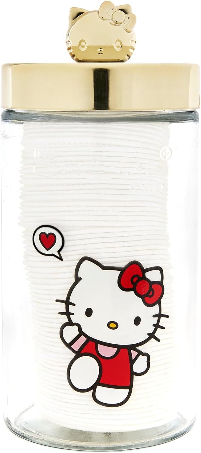 The Crème Shop Hello Kitty - Envase de vidrio reutilizable con almohadillas de algodón suave de alta calidad: suave absorbente, ideal para eliminación de maquillaje, cuidado de la piel, rutina