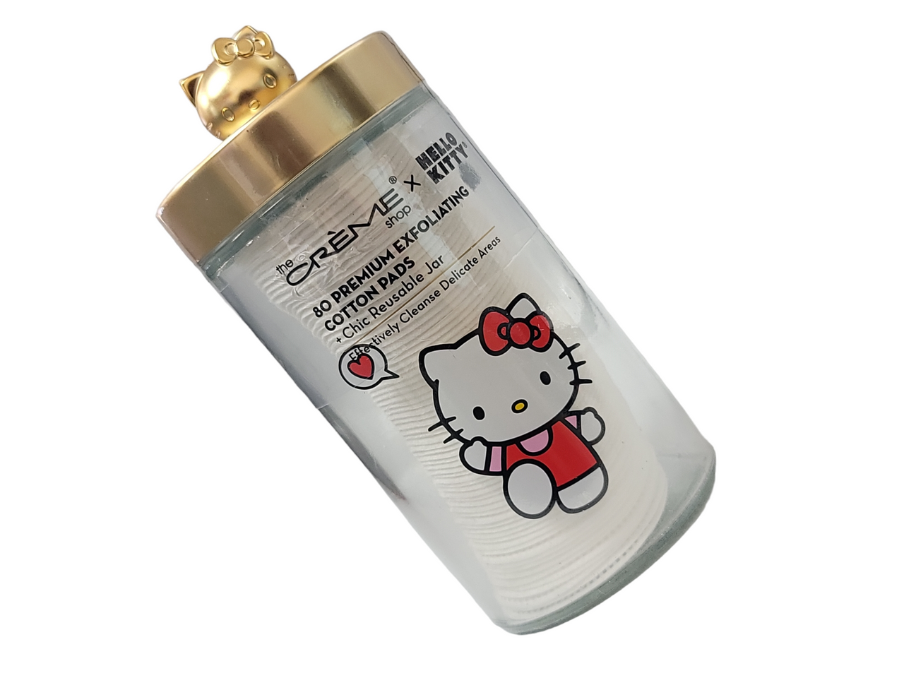 The Crème Shop Hello Kitty - Envase de vidrio reutilizable con almohadillas de algodón suave de alta calidad: suave absorbente, ideal para eliminación de maquillaje, cuidado de la piel, rutina