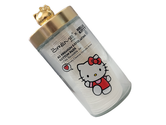 The Crème Shop Hello Kitty - Envase de vidrio reutilizable con almohadillas de algodón suave de alta calidad: suave absorbente, ideal para eliminación de maquillaje, cuidado de la piel, rutina