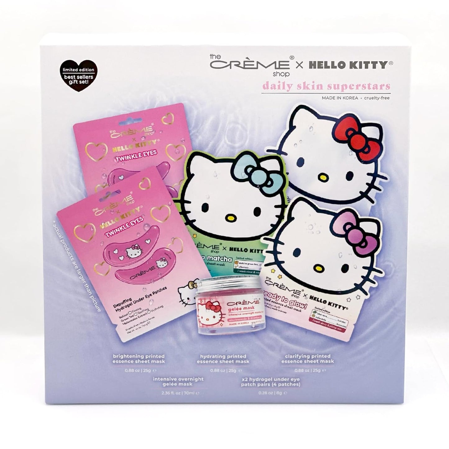 The Crème Shop Hello Kitty Daily Skinsuperstars - Juego de cuidado de la piel coreano, hojas de máscara facial, parches debajo de los ojos (6 unidades)