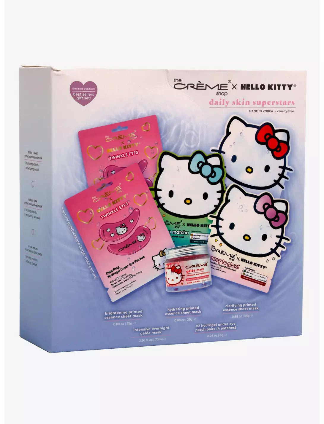 The Crème Shop Hello Kitty Daily Skinsuperstars - Juego de cuidado de la piel coreano, hojas de máscara facial, parches debajo de los ojos (6 unidades)